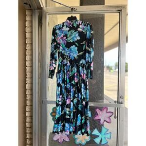 Vintage 1980's black floral Impromptu long sleeve dress size 3/4